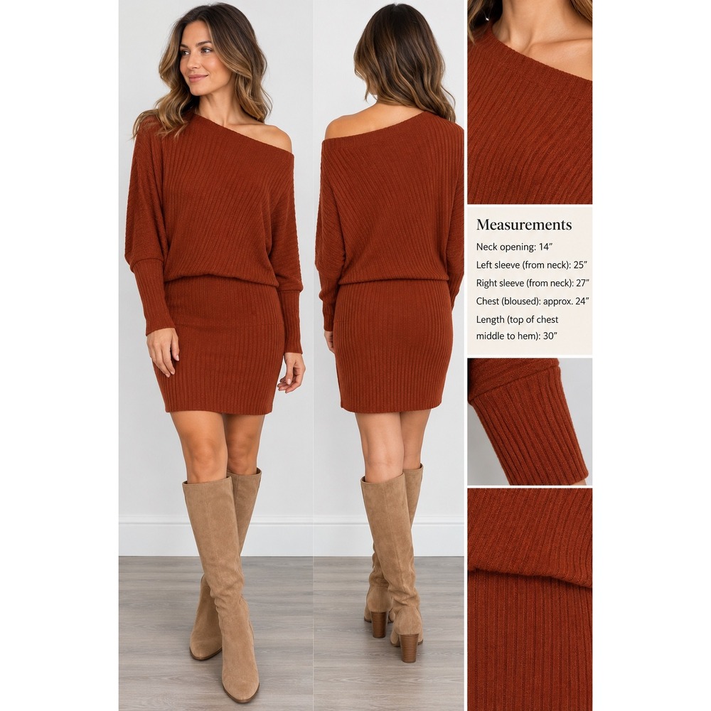 Rust Orange Off Shoulder Dolman Sleeve Blouson Sweater Dress Autumn Wedding